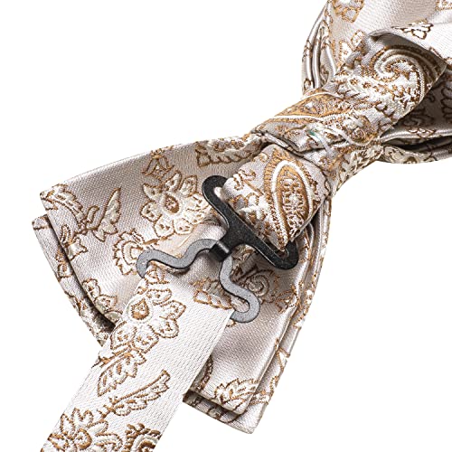 Image of Hi-Tie Mens Champagne Paisley Bow Ties Pre-Tied Pocket Square with Cufflinks Mens Bowtie Sets for Wedding Formal Party