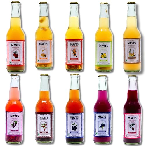 Image of MAVI's Assorted Pack of 10 Fermented Beverages | Kombucha, Water Kefir, Beet Kvass & Ginger Ale | Natural Probiotic Drinks for Gut Health | Refreshing 300 ml Bottles (Pack of 10)