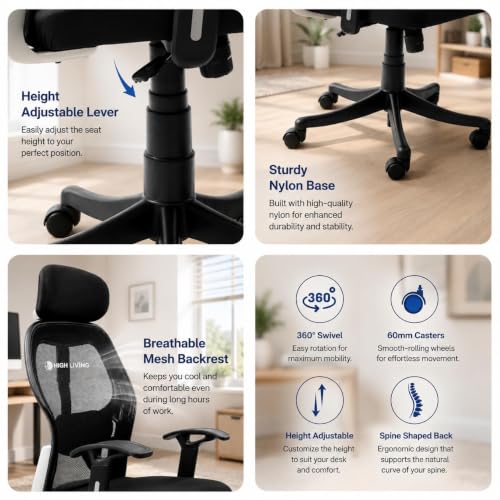 Image of HIGHLIVING Ergonomic Office Chair with Adjustable Lumbar Support, Breathable Mesh Back, Tilted Headrest , 120 Recline, Height Adjustable Swivel Chair with Fixed Armrest & Nylon Base (Black)