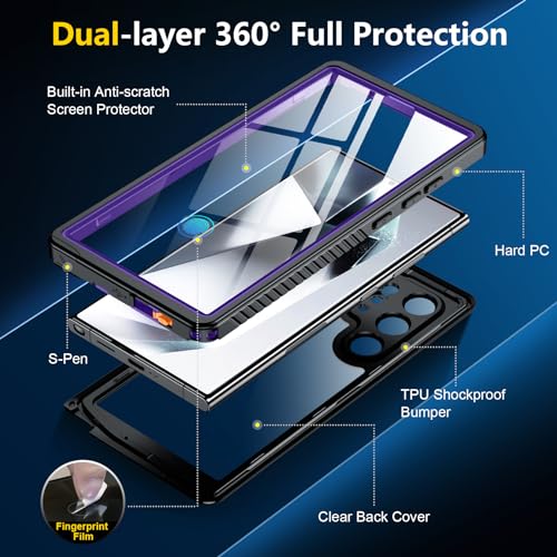 Image of SPIDERCASE Designed for Samsung Galaxy S24 Ultra Case, Waterproof Built-in Screen Protector [12FT Military Shockproof] IP68 Waterproof Full-Body Heavy Duty Anti-Scratched Rugged Case-Purple