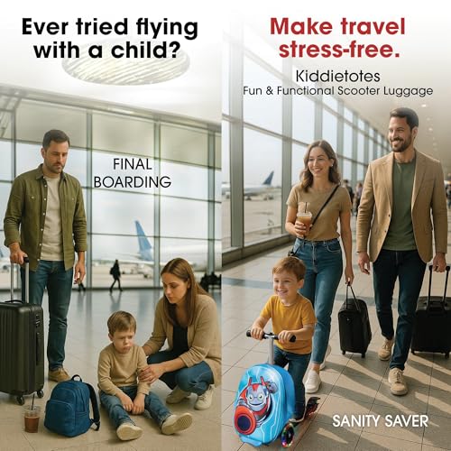 Image of KIDDIETOTES Boys Ride-On Scooter Luggage, Hardside Travel Carry-On Suitcase, multi, 13.5 Inch x 9 Inch x 20 Inch, Superhero Robot