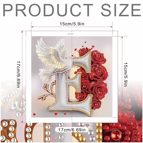 Image of AiYuanzsh 5D Diamond Art Kits for Adults Letter E, Exquisite Floral Rose & Dove Special Shape Diamond Painting, DIY Alphabet Diamond Art for Home Wall Decor 17x17cm