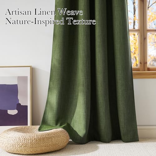 Image of NICETOWN Short Faux Linen Froest Green Blackout Curtains 63 inches Long for Kitchen - Privacy Panels for Living Room Bedroom, Modern Farmhouse Style Easy Care Grommet Top, 2 Panels, W42 by L63