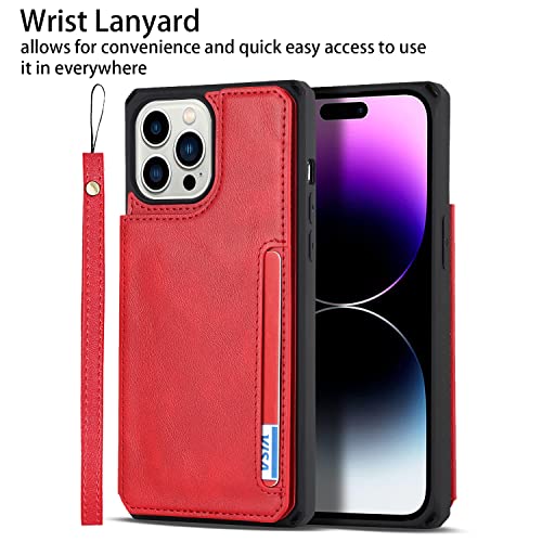 Image of Cavor for iPhone 14 Pro Case with Card Holder,for iPhone 14 Pro Wallet Case for Women Men,Phone Case for iPhone 14 pro with Stand Credit Card Holder, Leather Strap Shockproof Cover- Red