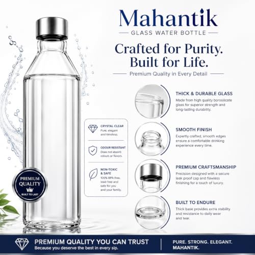 Image of 750ml Glass Water Bottle Pack of 2 with Stainless Steel Leak Proof Cap, Reusable Transparent Drinking Bottles for Home, Office, Gym, Travel & Refrigerator Storage