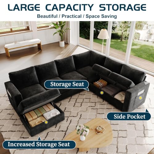 Image of 106.7 inch Chenille Sectional Sleeper Sofa, Pull Out Couch with Storage, Black | 7 Seat Comfy Couches for Living Room, Apartments, or Guest Spaces; Sectionals Modular Sofa Design, Comfortable Seating.