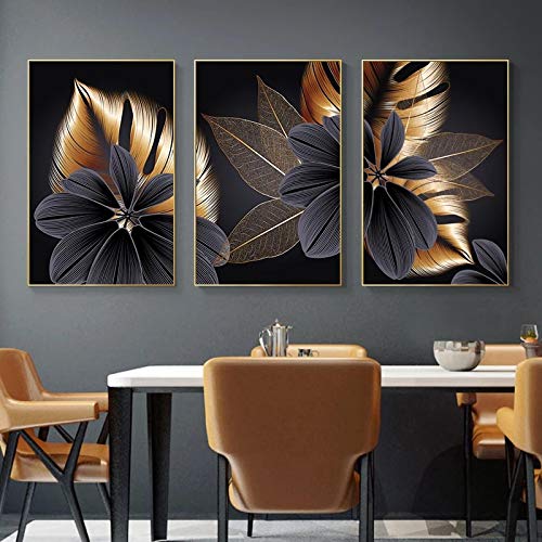Poster Toile Tableau Feuille Plante Noir et Or 60x90cm Triptyque Décoration Salon