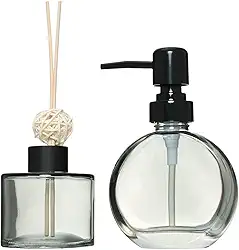Mimo Style Jogo De Dispenser de Sabão Líquido (160ml) e Recipiente Difusor Aromático (140ml) Clear. Nosso Conjunto É Feito de Vidro e Polipropileno. Perfeito Para Deixar Seu Banheiro Mais Cheiroso