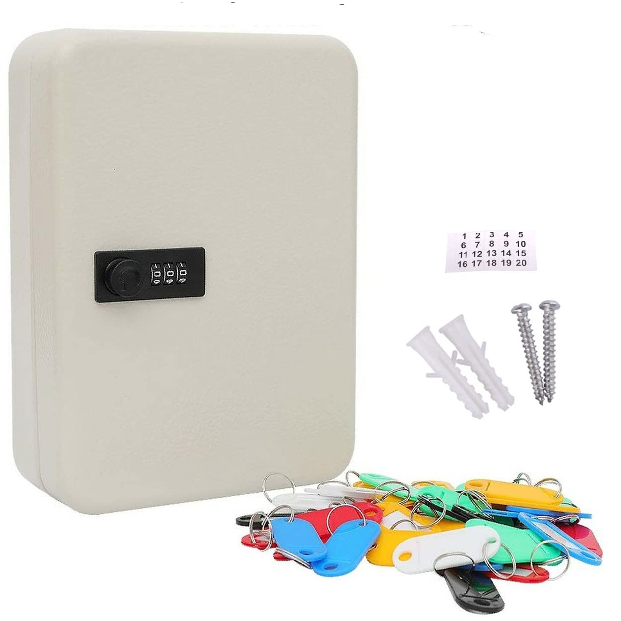 Key Lock Box Wall Mounted with Combination Lock, Hooks and Tags Key Labels, Key Cabinet Steel Security Key Organizer (28 Keys, White)