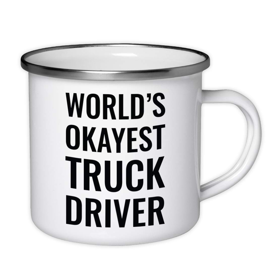 Andaz Press 11oz. Stainless Steel Campfire Coffee Mug Gag Gift, World's Okayest Truck Driver, 1-Pack, Enamel Metal Camping Camp Cup Christmas Birthday Present Ideas, Includes Gift Box