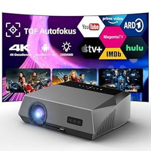 Smart Beamer 4K Wlan Bluetooth NFC, HDR LED Ultra HD 4K Beamer Heimkino Gaming 2300 ANSI Tageslicht, LCD Android TV Projektor Wifi Airplay mit Zoom ToF Autofokus Trapezkorrektur HDMI ARC 2.1 USB Decke