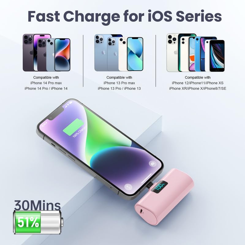 HETP Mini Power Bank 5200mAh, 20W PD Ricarica Rapida Powerbank, Ultra Compatto Caricatore Portatile con LCD Display Batteria Esterna per iPhone 14/14Pro/13/13 Pro/12/12Pro/11/X/XR/8/7/6 ecc-Rosa