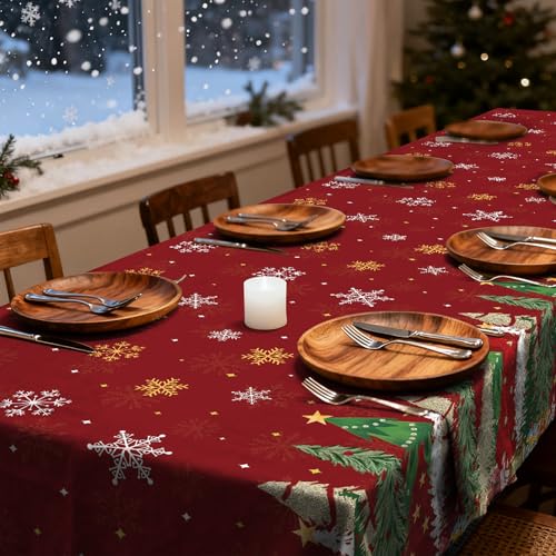 Image of Gistome 3-Piece 54 x 108 Inch Christmas Tree Plastic Tablecloth - Holiday Disposable Red and Green Table Cover for Christmas Dinners, Winter Parties, and Indoor Outdoor Decorations