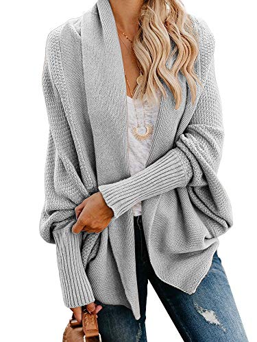Imily Bela Womens Kimono Batwing Cable Knitted Slouchy Oversized Wrap Cardigan Sweater (Medium, Grey)