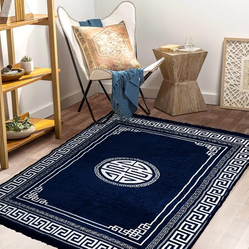 Image of BSB HOME Designer Superfine Chenille Carpet | 500 GSM Velvet Carpet /Area Rug /Durries with Fine Gold Yarn for Living Room, Bedroom, Runner| 122 x 183 cm or 4x6 ft, Teal Blue