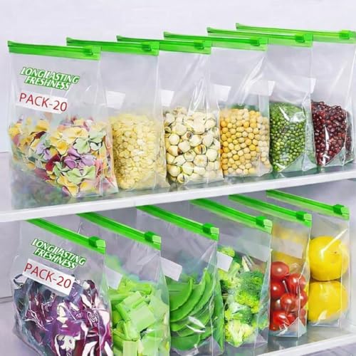 Image of Plastic Zip Lock Reusable Slider Zipper Transparent Bag For Food Storage,Fruit Vegetable Freeze Storage Pouch Bags, Ziplock Bags Best For Fridge Storage 9 x 10 inch (20, Blue) | Reusable