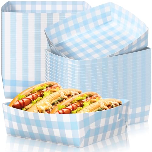 Suclain 36 Pack Light Blue and White Gingham Paper Trays 5 lb Grease Resistant Large Snack Serving Trays Disposable Food Boats for Baby Shower Wedding Tea Party Supplies