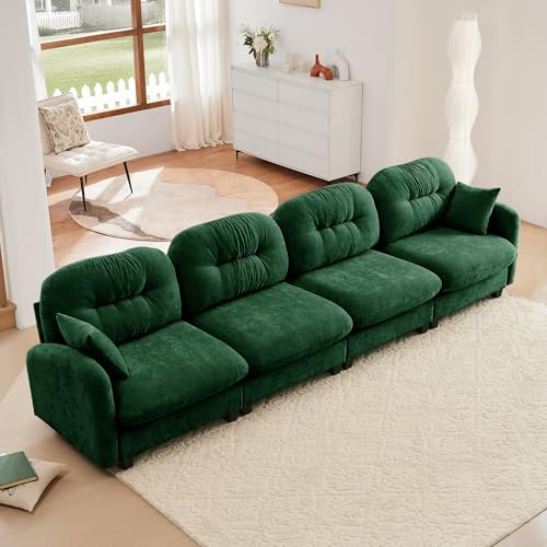 Image of KEIKI 140 inch Oversized Chenille Modular Sectional Sofa with High-Density Foam Cushion and Tufted Pleated Cushion Backrest, Upholstered Modern 4-Seater Cloud Couch with 2 Pillow, for Living Room, Green