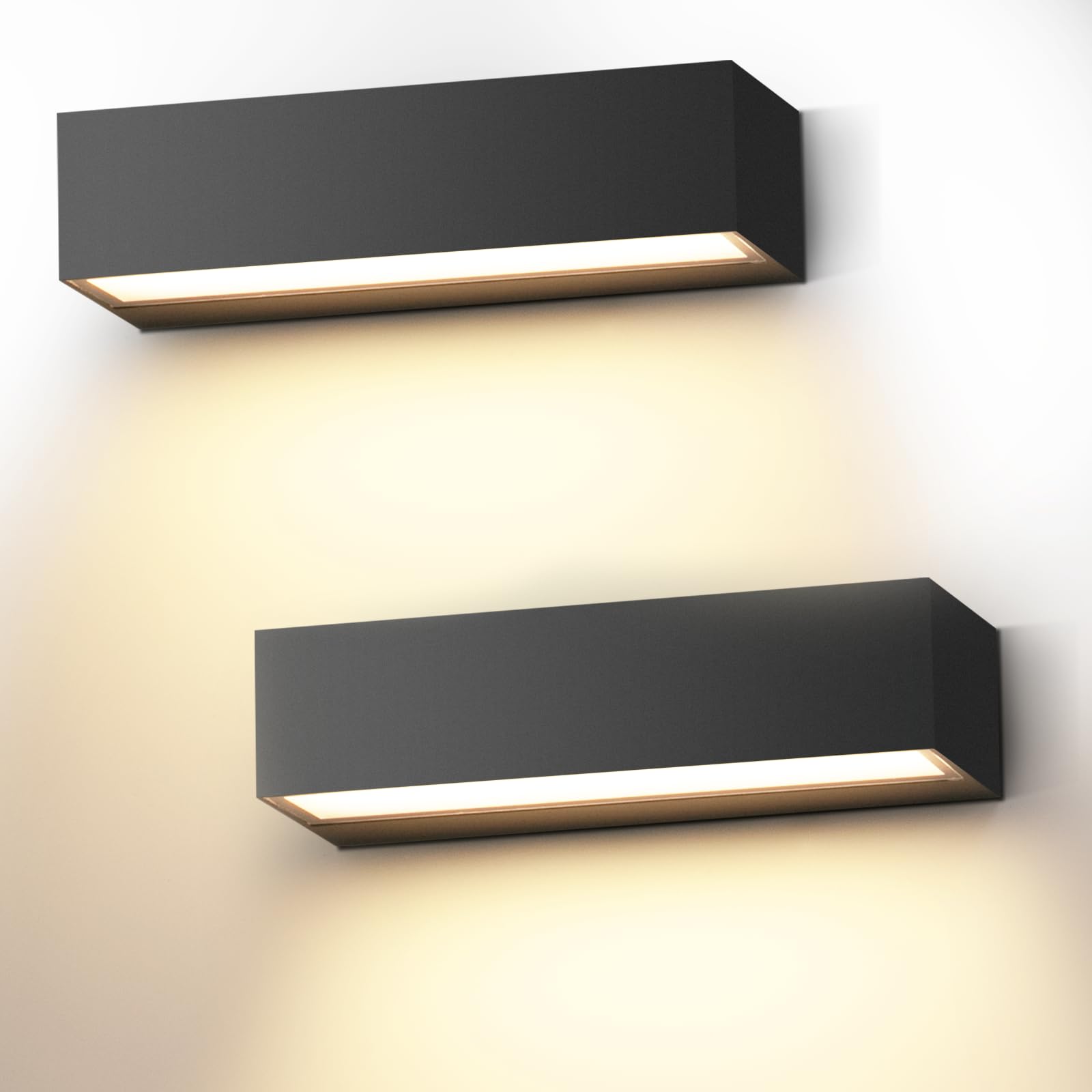 18W Apliques Pared Exterior/Interior 2 Pack Negro Aplique de Pared 3000K Blanca Cálida Aplique Pared Interior 20cm Impermeable IP65