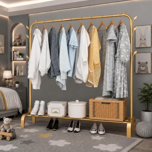 Image of Metal Multifunctional Heavy-Duty Quality Garment Stand Cloth Rack Freestanding Storage Organizer with Bottom Shelves Adjustable Folding Single Pole for Living Room (Gold)