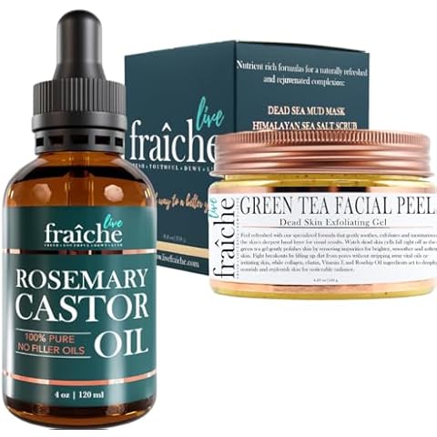 Rosemary Castor Oil 4oz + 24k Gold Brightening Facial Peeling Gel with Green Tea 4.23oz for Dead Skin Removal and Hair Repair Cover