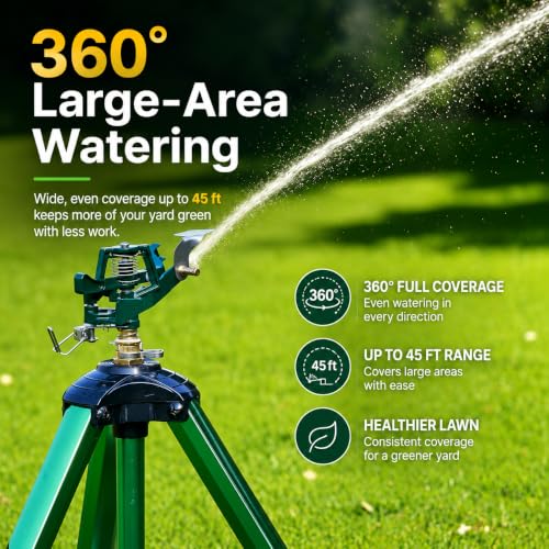 Image of Sprinklers for Yard, 2026 Heavy-Duty Lawn Sprinkler Impact Sprinkler on Spike Tripod Base with 360 Large Area Irrigation with Extension Legs to Adjust Height Irrigation System for Garden Lawn-Green