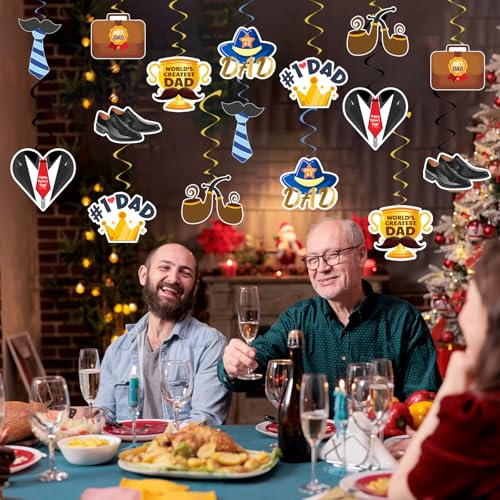 Image of 32Pcs Father's Day Hanging Swirl Decorations, Double-Sided #1 Dad Cutouts and Foil Streamers, Blue Gold Best Dad Ever Party Supplies for Home Office Indoor Covered Outdoor