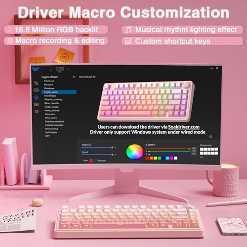 Image of AULA F75 Pro Wireless Mechanical Keyboard Silent Version,75% Hot Swappable Custom Keyboard with Knob,RGB Backlit,Pre-lubed Switches,Side Printed PBT Keycaps,2.4GHz /USB-C /BT5.0 PC Gaming Keyboards,Pink