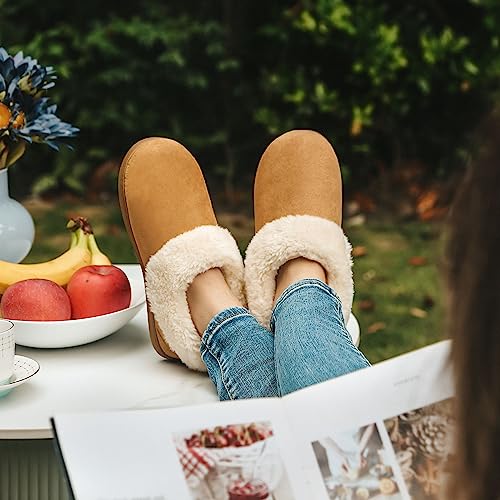 EverFoams Women's Bootie Slippers Faux Fur Ladies Bedroom House Shoes with Memory Foam and Indoor Outdoor Rubber Sole Tan, 9-10 US2