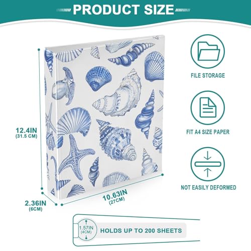Image of 3 Ring Binder Blue Seashells Ocean Nautical Coastal 1.5 inch Binders Three Ring Binders with Clipboard Fit 8.5'' x 11'' Paper 3 Interior PVC Clear Pockets for Office Supplies