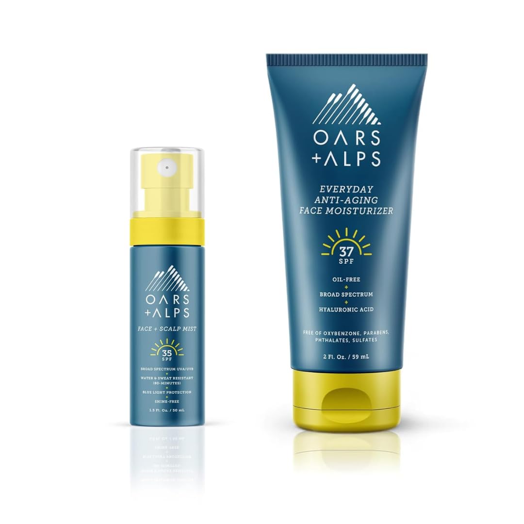 Oars + Alps Face and Scalp Mist SPF 35 Sunscreen + SPF 37 Sunscreen and Everyday Anti Aging Face Moisturizer Set, Protects from Blue Light, Summer Splash Scent, Water and Sweat Resistant, 2 Piece Set