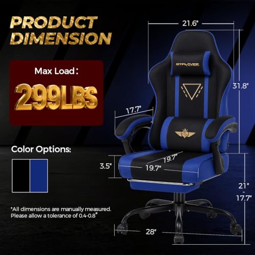 Image of GTPLAYER Video Gaming Chair Fabric, Ergonomic Computer Chair with Footrest and Pocket Spring Cushion, Height Adjustable Video Gamer Chair with Lumbar Support for Adults, Blue