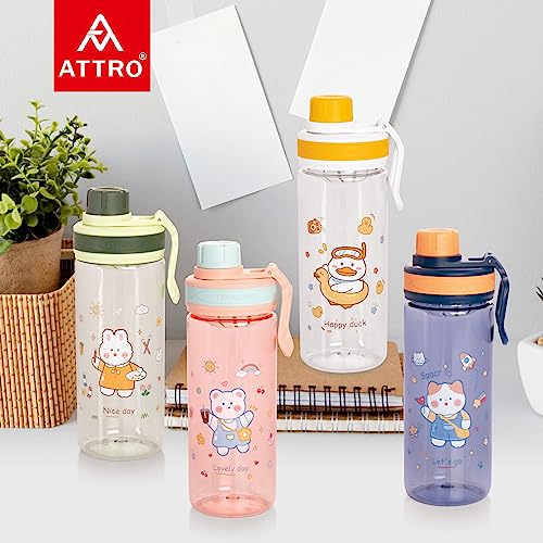 Image of Attro Champ 550ml Cute and Convenient Cartoon Printed Kids Plastic Water Bottle with Designer Hand Strap & Flip Lid BPA-Free-Perfect for School,Sports and Travel -Blue