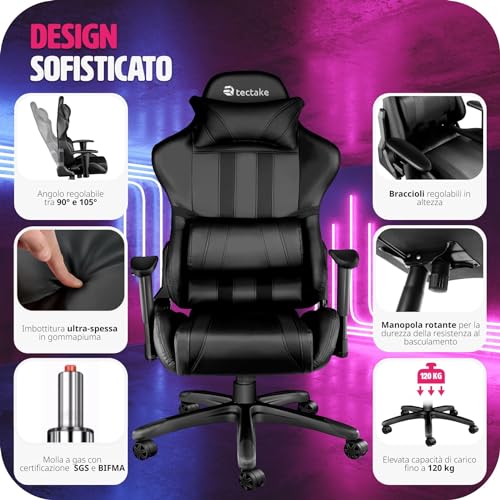 ® Poltrona da Ufficio con Poggiatesta, Braccioli, Schienale Regolabile, Sedia Ufficio Ergonomica con Imbottitura Extra Spessa e Supporto Lombare, Girevole a 360° - Nero - Sedia gaming - Immagine 7