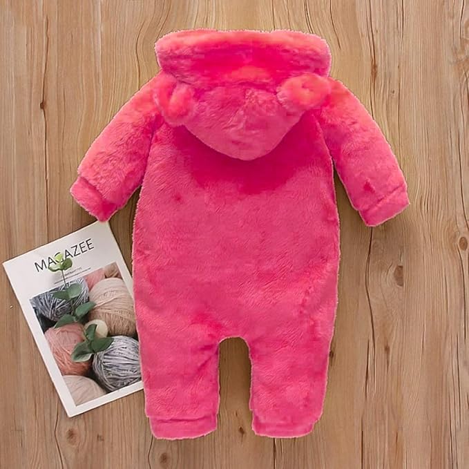 Image of BABYZONE Fluffy Fleece Baby Romper - Hooded Bear Ear Winter Jumpsuit for Boys & Girls