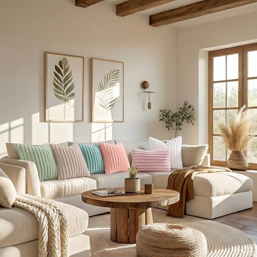 Image of decorUhome Fall Cozy Faux Fur Throw Pillow Covers 20x20 Set of 2 Decorative Soft Plush Striped Modern Farmhouse Boho Couch Pillow Cases with Velvet Back for Sofa Bed Living Room, Beige