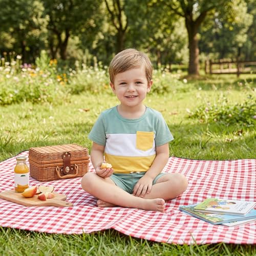 Image of Toddler Boy Clothes Baby Summer Outfit Patchwork Tee Shorts 12M-4T | Soft Patchwork Tee, Pocket Shorts With Stretch Waistband, Breathable For Summer Play, Machine Washable