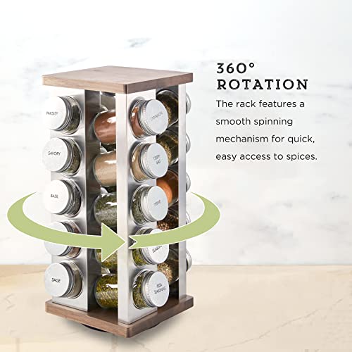 Image of Kamenstein 20 Jar Vintage Revolving Countertop Spice Rack Organizer with Spices Included, FREE Spice Refills for 5 Years, Wood and Stainless Steel with Metal Caps (Pack of 2)