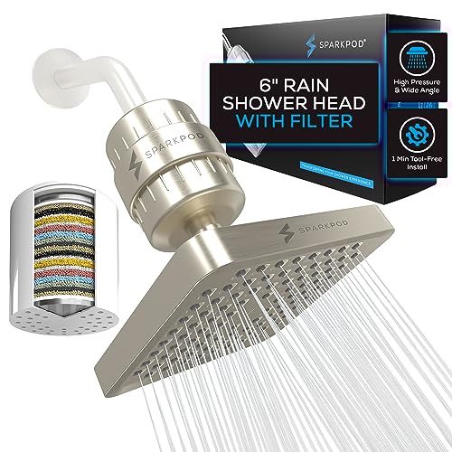 Image of SparkPod Filtered Shower Head, 23-Stage, 6 inch Square, Brushed Nickel | Showerhead for Hard Water, High Pressure, Reduces Chlorine, Heavy Metals, For Dry Skin & Hair, Removable Capsule Filter