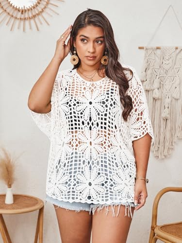 Image of BEAUDRM Women's Plus Size Floral Crochet Tops Hollow Out Boat Neck Sweaters Dolman Sleeve Oversized Knit Top