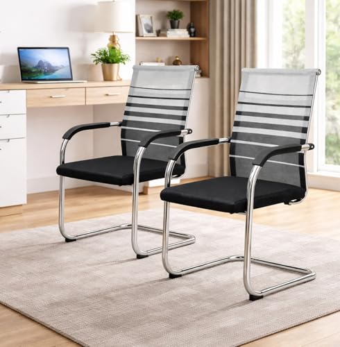 Image of TOBY Mesh Office Visitor /Guest Chair Set of 2 with Chrome Cantilever Frame, Breathable Backrest, Padded Seat Cushion, Ergonomic Armrests, Reception, Conference & Meeting Room Chairs (DIY Product)
