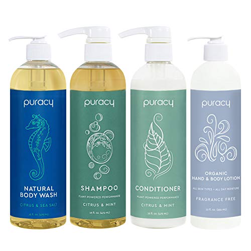 Puracy Organic Haircare and Skin Care Set, Natural Shower Gel, Shampoo, Conditioner, Moisturizer