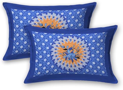 Image of KOUNDAL Rajasthani Jaipuri Sanganeri Print 144 TC 100% Pure Cotton BedSheet Set for Double Bed King Size, Flower Pattern, Double Bedsheet Cotton with 2 Pillow Covers