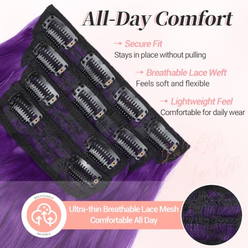 Image of KooKaStyle Clip in Synthetic Hair Extensions Long Wavy 4PCS Thick Hairpieces Electric Purple Fiber Double Weft Natural Hair Extensions 24 Inch for Women
