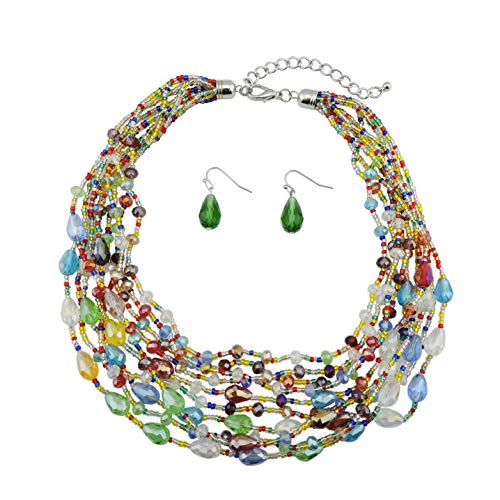 Bocar Multiple Strand Handmade Beaded Statement Collar Necklace Earrings Set for Women (NK-10601) (Multicolor)