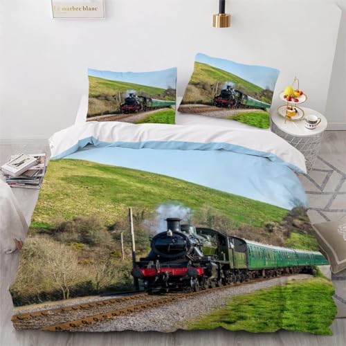 Funda Nordica Cama 105 Tren Ropa de Cama con Estampado Funda Nórdica 200x200 Tren de Vapor Funda Edredon Microfibra con 2 Fundas de Almohada 50x75 cm H3507