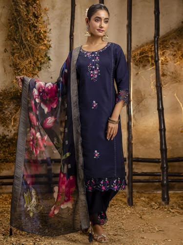 Image of VredeVogel Kurta Set with Dupatta | Viscose Roman Silk Embroidered Kurta Set for Women | Women's Ethnic Casual Kurti Set |Kurta Pant Festive Suit