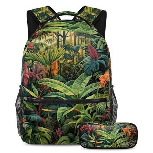 Cartable plantes tropicales avec trousse assortie pour l'école et le collège