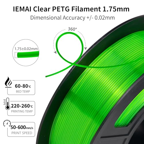 Image of IEMAI Clear PETG Filament 1.75mm Fluorescent Green 1kg, Glossy Transparent Finish 3D Printer Filament Up to 600mm /s High-Speed Printing for Lampshades, Home Decor & DIY Models
