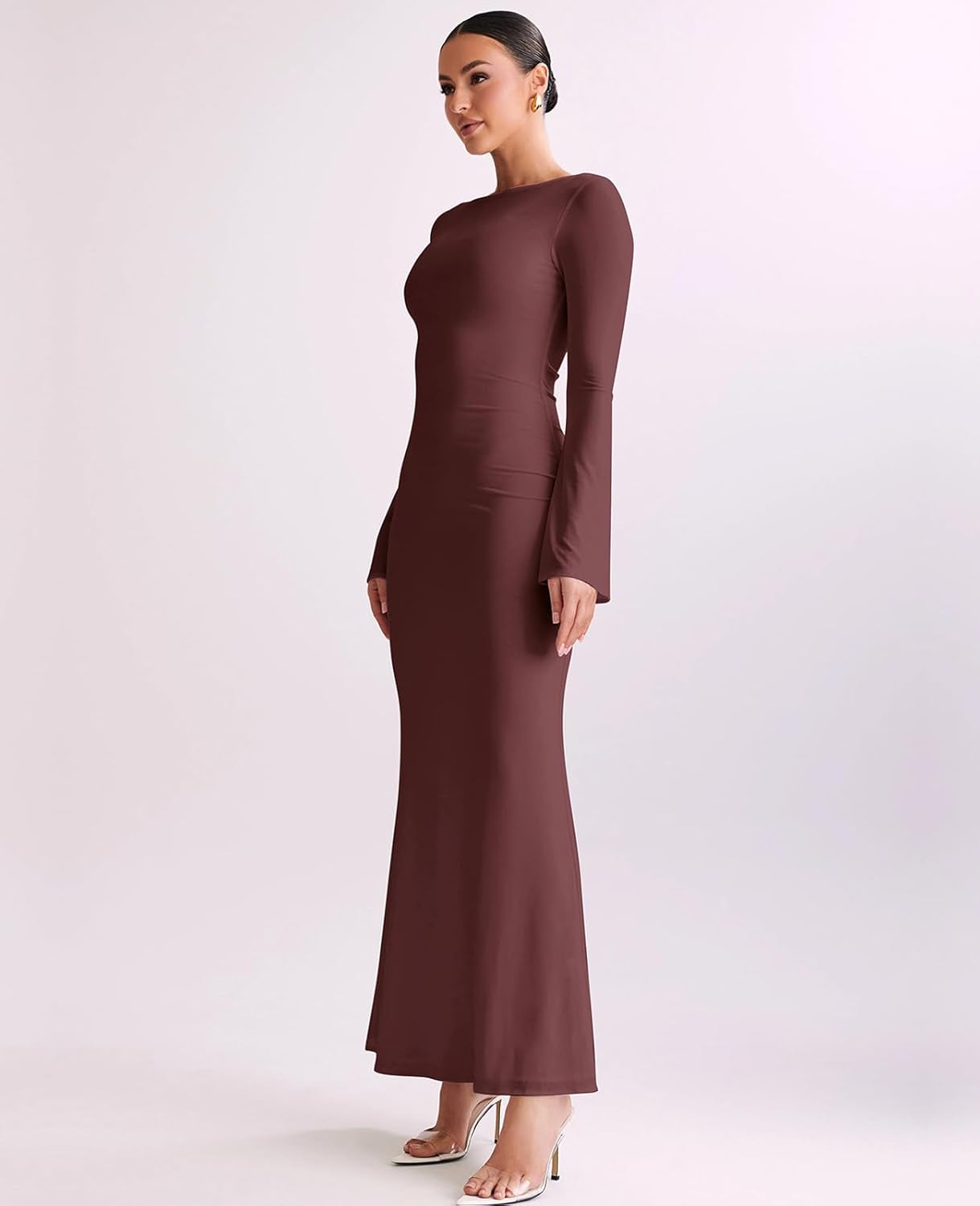 GLNEGE Women's Long Sleeve Bodycon Maxi Dress Elegant Fitted Crew Neck Lounge Dresses - Image 3